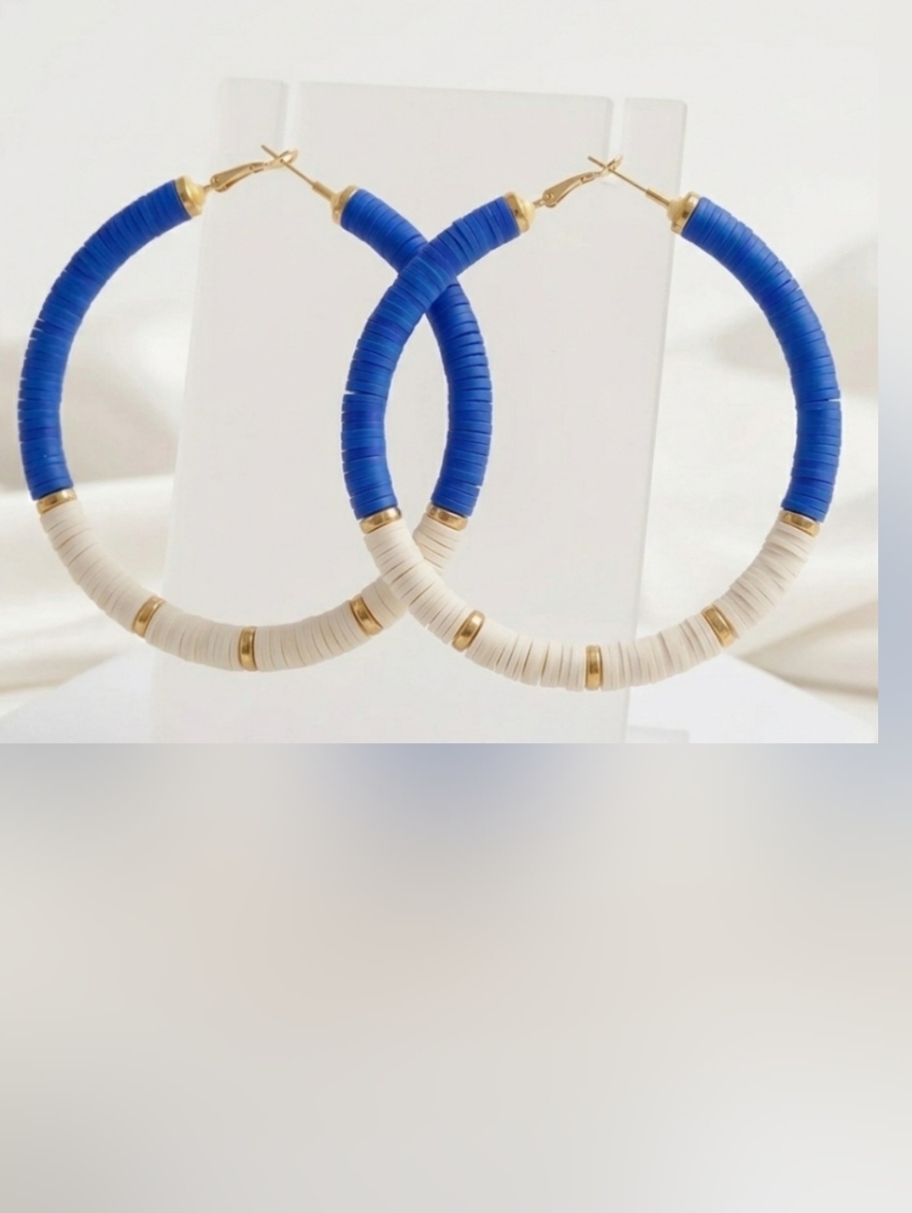 Bold Blue and Cream Hoop Earrings with Gold Accents - Picture 5 of 9